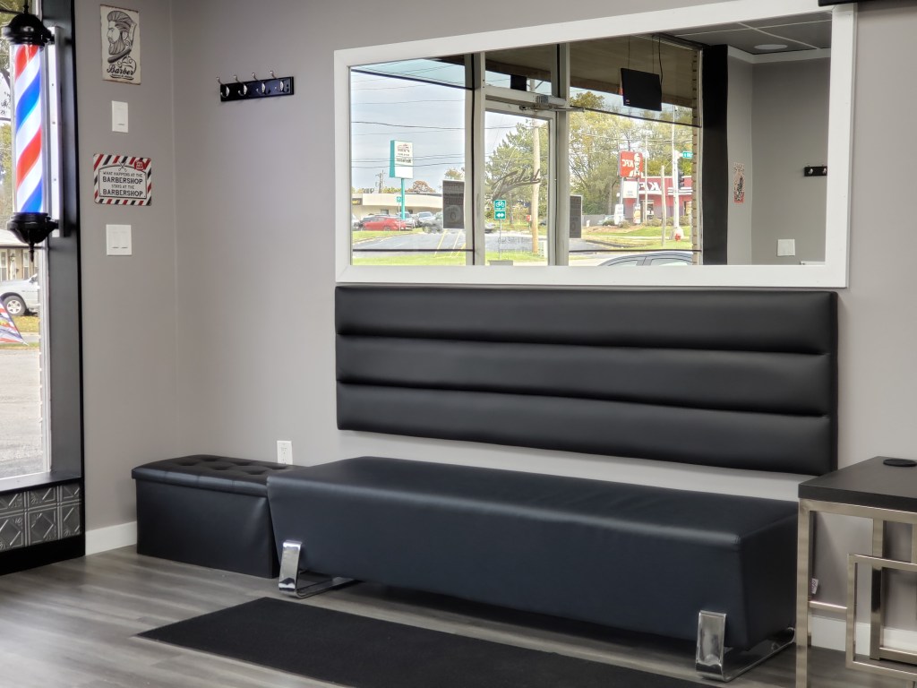 One of the benches in the waiting area of the shop.