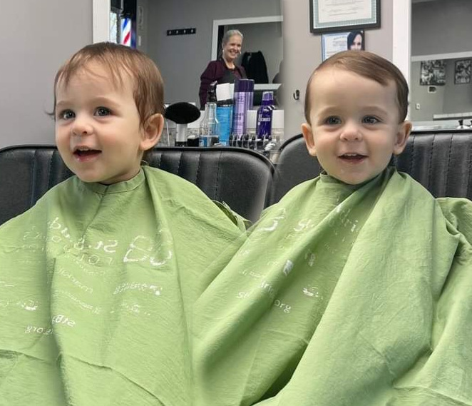 Before and after photos of a small child getting a haircut.
