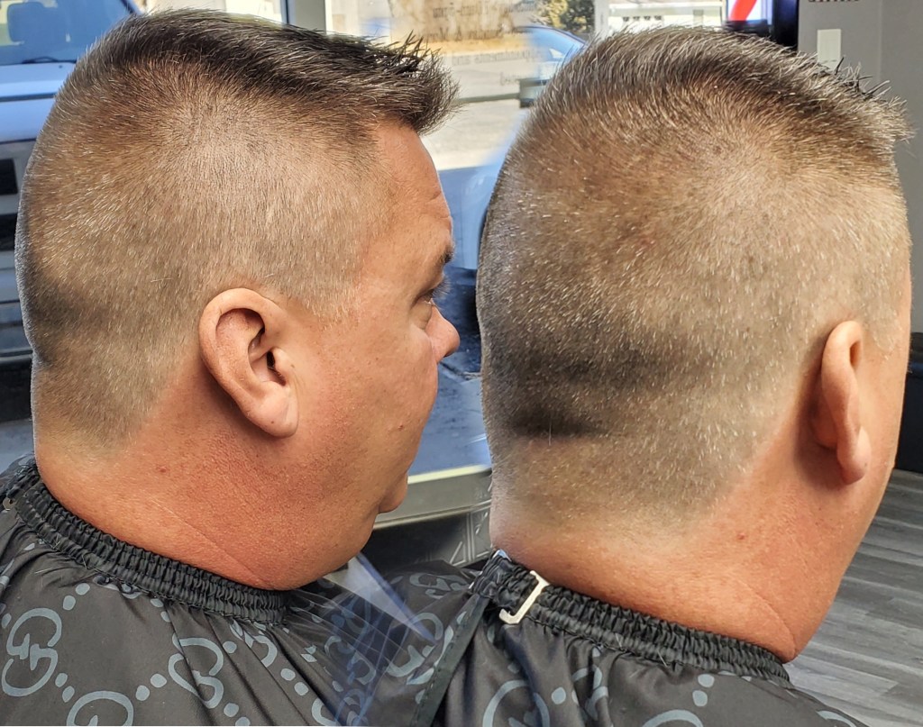 The side and back of a man's freshly cut hair.